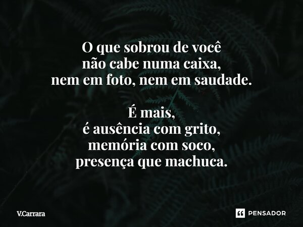 ⁠O que sobrou de você não cabe numa caixa, nem em foto, nem em saudade. É mais, é ausência com grito, memória com soco, presença que machuca.... Frase de V.Carrara.