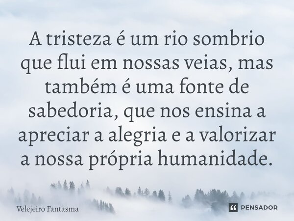 ⁠A tristeza é um rio sombrio que flui em nossas veias, mas também é uma fonte de sabedoria, que nos ensina a apreciar a alegria e a valorizar a nossa própria hu... Frase de Velejeiro Fantasma.