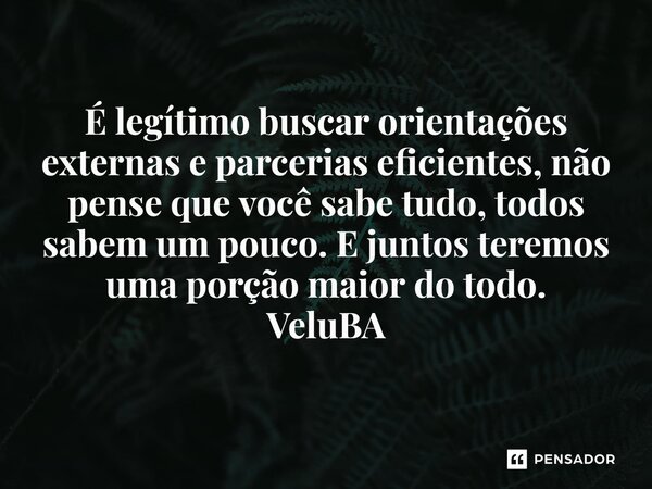 ⁠É legítimo buscar orientações externas e parcerias eficientes, não pense que você sabe tudo, todos sabem um pouco. E juntos teremos uma porção maior do todo.... Frase de VeluBA.