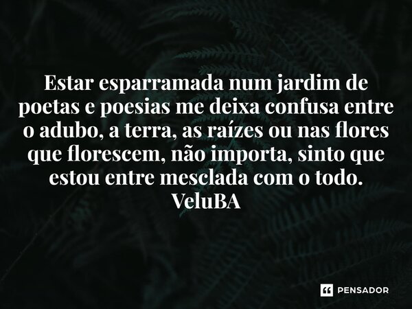 ⁠Estar esparramada num jardim de poetas e poesias me deixa confusa entre o adubo, a terra, as raízes ou nas flores que florescem, não importa, sinto que estou e... Frase de VeluBA.