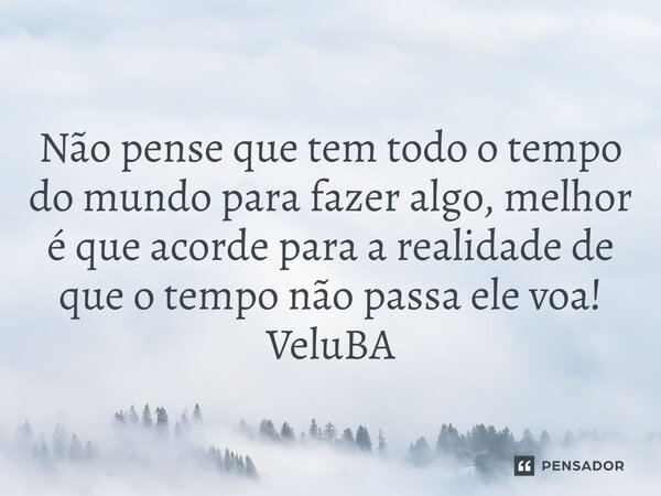 ⁠Não pense que tem todo o tempo do mundo para fazer algo, melhor é que acorde para a realidade de que o tempo não passa ele voa!... Frase de VeluBA.