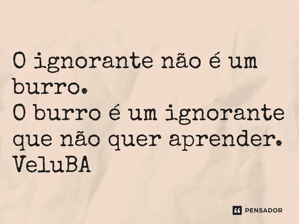 ⁠O ignorante não é um burro. O burro é um ignorante que não quer aprender.... Frase de VeluBA.