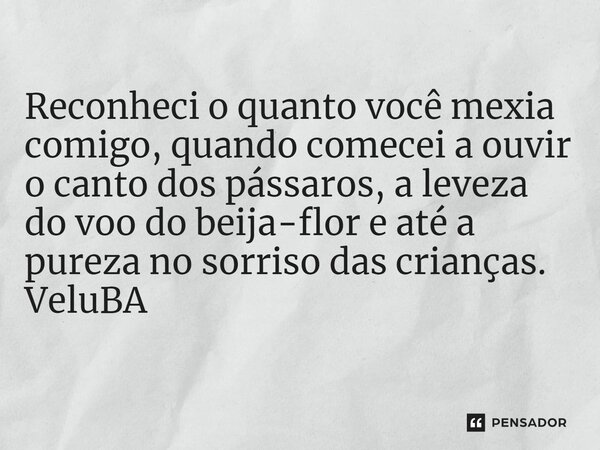 ⁠Reconheci o quanto você mexia comigo, quando comecei a ouvir o canto dos pássaros, a leveza do voo do beija-flor e até a pureza no sorriso das crianças.... Frase de VeluBA.