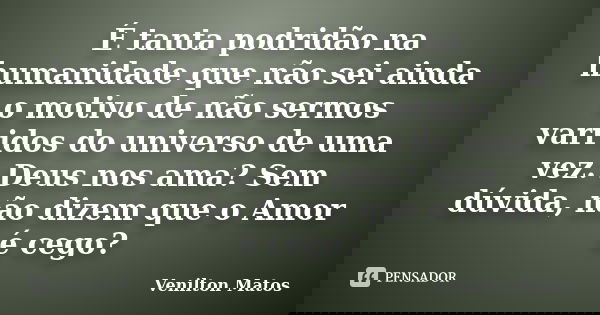 É tanta podridão na humanidade que não sei ainda o motivo de não sermos varridos do universo de uma vez. Deus nos ama? Sem dúvida, não dizem que o amor é cego?... Frase de Venilton Matos.