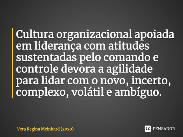 ⁠Cultura organizacional apoiada em liderança com atitudes sustentadas pelo comando e controle devora a agilidade para lidar com o novo, incerto, complexo, volát... Frase de Vera Regina Meinhard (2020).