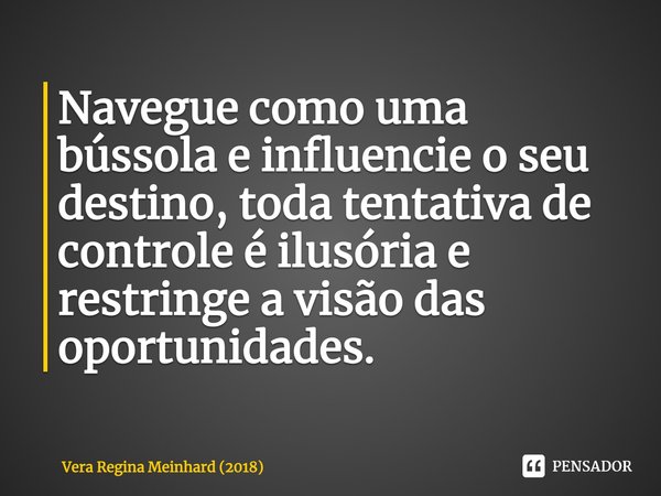 ⁠Navegue como uma bússola e influencie o seu destino, toda tentativa de controle é ilusória e restringe a visão das oportunidades. ⁠... Frase de Vera Regina Meinhard (2018).
