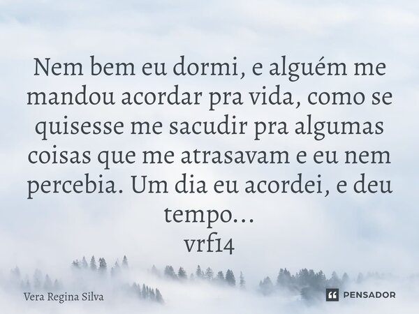 ⁠Nem bem eu dormi, e alguém me mandou acordar pra vida, como se quisesse me sacudir pra algumas coisas que me atrasavam e eu nem percebia. Um dia eu acordei, e ... Frase de Vera Regina Silva.