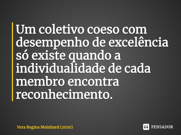 ⁠Um coletivo coeso com desempenho de excelência só existe quando a individualidade de cada membro encontra reconhecimento.... Frase de Vera Regina Meinhard (2020).