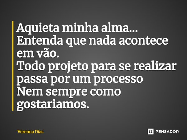 ⁠Aquieta minha alma... Entenda que nada acontece em vão. Todo projeto para se realizar passa por um processo Nem sempre como gostariamos.... Frase de Verenna Dias.