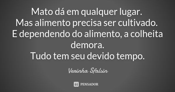 Mato dá em qualquer lugar. Mas alimento precisa ser cultivado. E dependendo do alimento, a colheita demora. Tudo tem seu devido tempo.... Frase de Verinha Sfalsin.