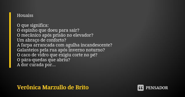 Houaiss O que significa: O espinho que doeu para sair? O mecânico após prisão no elevador? Um abraço de conforto? A farpa arrancada com agulha incandescente? Ga... Frase de Verônica Marzullo de Brito.