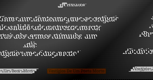 Como um fantasma que se refugia Na solidão da natureza morta, Por trás dos ermos túmulos, um dia, Eu fui refugiar-me à tua porta!... Frase de Vestígios de um Poeta Morto.