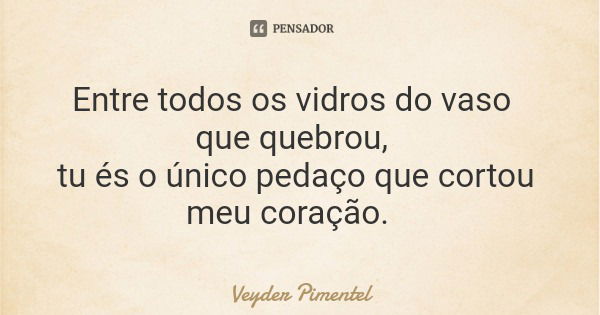 Entre todos os vidros do vaso que quebrou, tu és o único pedaço que cortou meu coração.... Frase de Veyder Pimentel.