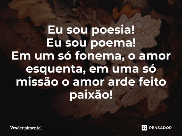 ⁠Eu sou poesia! Eu sou poema! Em um só fonema, o amor esquenta, em uma só missão o amor arde feito paixão!... Frase de Veyder pimentel.