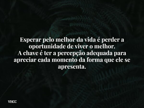 Esperar pelo melhor da vida é perder a oportunidade de viver o melhor. A chave é ter a percepção adequada para apreciar cada momento da forma que ele se apresen... Frase de VHCC.
