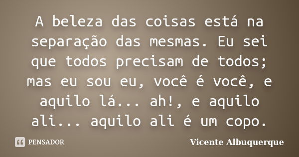 A beleza das coisas está na separação das mesmas. Eu sei que todos precisam de todos; mas eu sou eu, você é você, e aquilo lá... ah!, e aquilo ali... aquilo ali... Frase de Vicente Albuquerque.