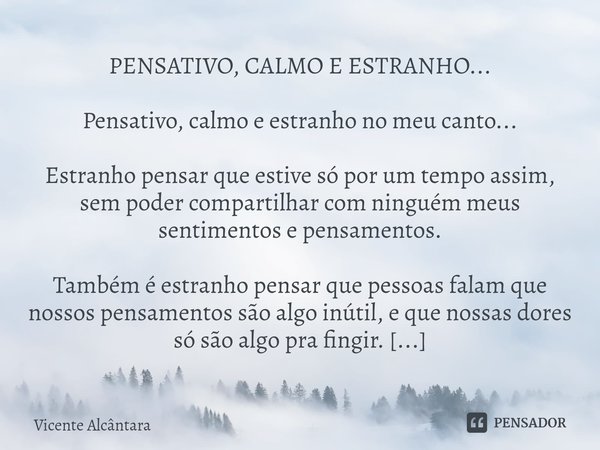 ⁠PENSATIVO, CALMO E ESTRANHO... Pensativo, calmo e estranho no meu canto... Estranho pensar que estive só por um tempo assim, sem poder compartilhar com ninguém... Frase de Vicente Alcântara.