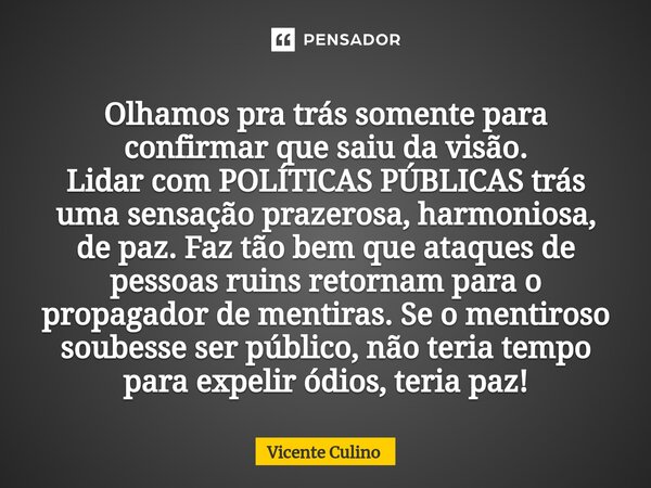 ⁠⁠Olhamos pra trás somente para confirmar que saiu da visão. Lidar com POLÍTICAS PÚBLICAS trás uma sensação prazerosa, harmoniosa, de paz. Faz tão bem que ataqu... Frase de Vicente Culino.