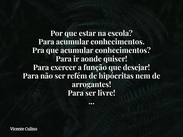 Por que estar na escola? Para acumular conhecimentos. Pra que acumular conhecimentos? Para ir aonde quiser! Para exercer a função que desejar! Para não ser refé... Frase de Vicente Culino.