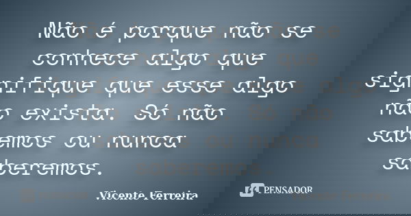Não é porque não se conhece algo que signifique que esse algo não exista. Só não sabemos ou nunca saberemos.... Frase de Vicente Ferreira.