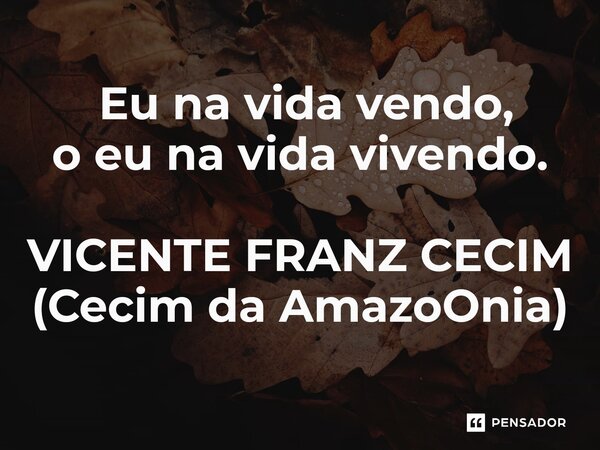 ⁠ Eu na vida vendo, o eu na vida vivendo. VICENTE FRANZ CECIM (Cecim da AmazoOnia)... Frase de VICENTE FRANZ CECIM (Cecim da AmazoOnia).