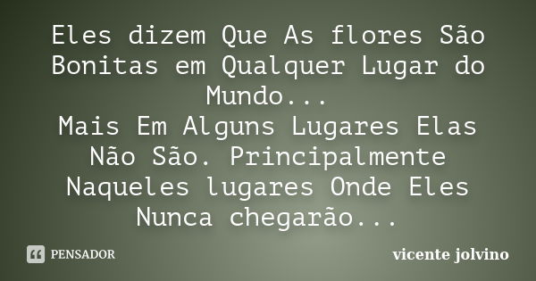 Eles dizem Que As flores São Bonitas em Qualquer Lugar do Mundo... Mais Em Alguns Lugares Elas Não São. Principalmente Naqueles lugares Onde Eles Nunca chegarão... Frase de Vicente Jolvino.