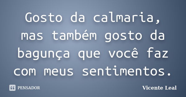 Gosto da calmaria, mas também gosto da bagunça que você faz com meus sentimentos.... Frase de Vicente Leal.