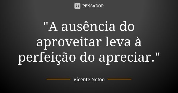 "A ausência do aproveitar leva à perfeição do apreciar."... Frase de Vicente Netoo.