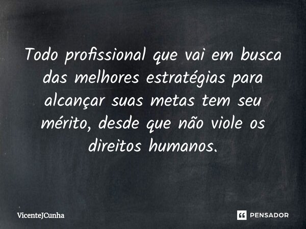 ⁠Todo profissional que vai em busca das melhores estratégias para alcançar suas metas tem seu mérito, desde que não viole os direitos humanos.... Frase de VicenteJCunha.