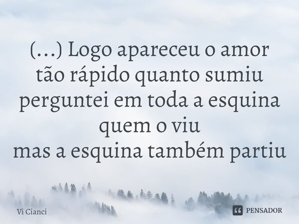 ⁠(...) Logo apareceu o amor tão rápido quanto sumiu perguntei em toda a esquina quem o viu mas a esquina também partiu... Frase de Vi Cianci.