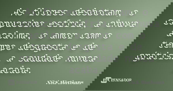As flores desbotam, o capuccino esfria, a chuva acalma, o amor com o tempo desgasta e de grátis… a saudade nunca acaba.... Frase de Vick Horleans.