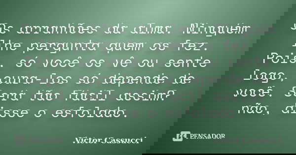 Os arranhões da alma. Ninguém lhe pergunta quem os fez. Pois, só você os vê ou sente logo, cura-los só depende de você. Será tão fácil assim? não, disse o esfol... Frase de Victor Cassucci.
