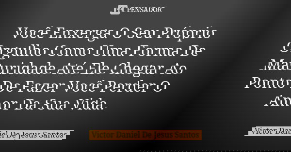 Você Enxerga O Seu Próprio Orgulho Como Uma Forma De Maturidade Até Ele Chegar Ao Ponto De Fazer Você Perder O Amor Da Sua Vida.... Frase de Victor Daniel De Jesus Santos.