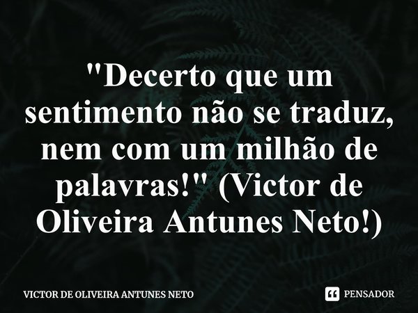 ⁠"Decerto que um sentimento não se traduz, nem com um milhão de palavras!" (Victor de Oliveira Antunes Neto!)... Frase de VICTOR DE OLIVEIRA ANTUNES NETO.