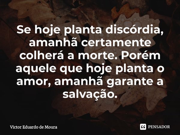 ⁠Se hoje planta discórdia, amanhã certamente colherá a morte. Porém aquele que hoje planta o amor, amanhã garante a salvação.... Frase de Victor Eduardo de Moura.