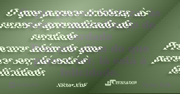 O que parece tristeza, às vezes é aprendizado de verdade Procure além do que parece ser, lá está à felicidade.... Frase de Victor Érik.