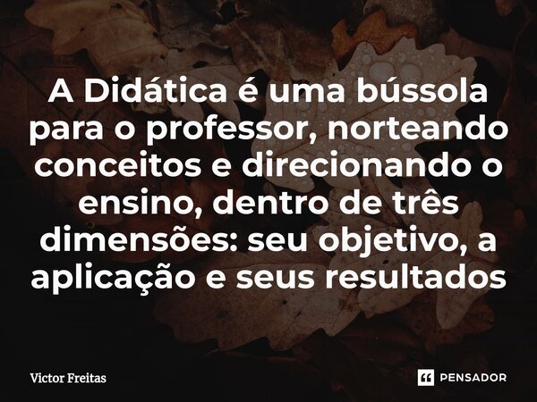 A Didática é uma bússola para⁠ o professor, norteando conceitos e direcionando o ensino, dentro de três dimensões: seu objetivo, a aplicação e seus resultados... Frase de Victor Freitas.