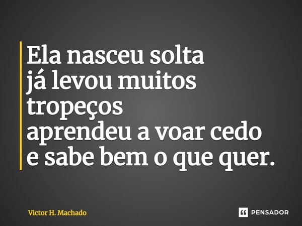⁠Ela nasceu solta já levou muitos tropeços aprendeu a voar cedo e sabe bem o que quer.... Frase de Victor H. Machado.