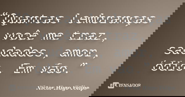 “Quantas lembranças você me traz, saudades, amor, ódio. Em vão.”... Frase de Victor Hugo Felipe.