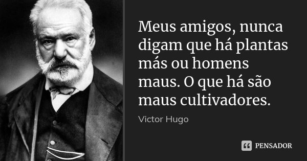 Meus amigos, nunca digam que há plantas más ou homens maus. O que há são maus cultivadores.... Frase de Victor Hugo.
