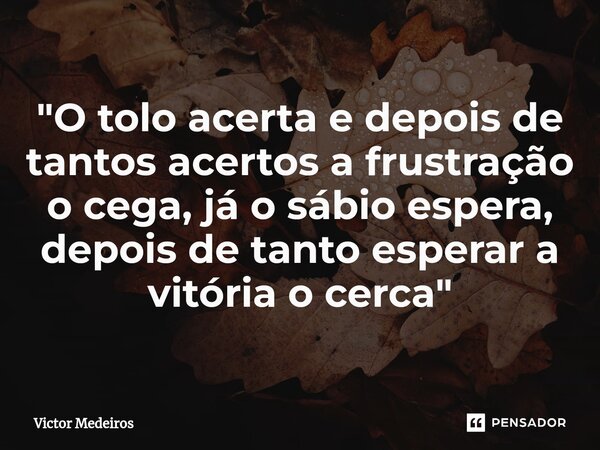 "⁠O tolo acerta e depois de tantos acertos a frustração o cega, já o sábio espera, depois de tanto esperar a vitória o cerca"... Frase de Victor Medeiros.