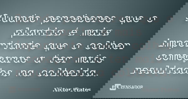 Quando perceberes que o plantio é mais importante que o colher começaras a ter mais resultados na colheita.... Frase de Victor Prates.