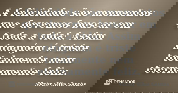A felicidade são momentos que devemos buscar em toda a vida! Assim ninguém é triste totalmente nem eternamente feliz.... Frase de Victor Silva Santos.