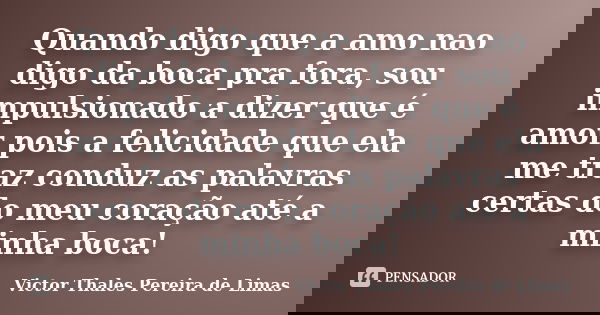 Quando digo que a amo nao digo da boca pra fora, sou impulsionado a dizer que é amor pois a felicidade que ela me traz conduz as palavras certas do meu coração ... Frase de Victor Thales Pereira de Limas.
