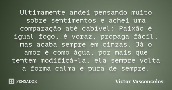 Ultimamente andei pensando muito sobre sentimentos e achei uma comparação até cabível: Paixão é igual fogo, é voraz, propaga fácil, mas acaba sempre em cinzas. ... Frase de Victor Vasconcelos.