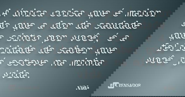 A única coisa que é maior do que a dor da saudade que sinto por você, é a felicidade de saber que você já esteve na minha vida.... Frase de Vida.