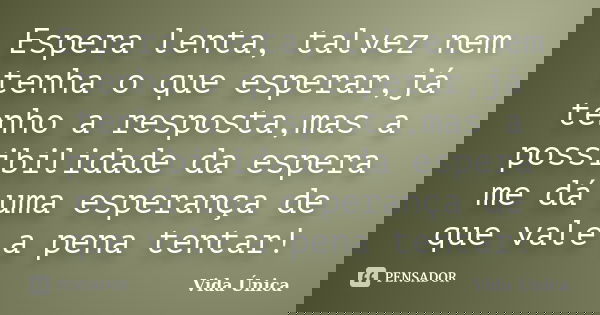 Espera lenta, talvez nem tenha o que esperar,já tenho a resposta,mas a possibilidade da espera me dá uma esperança de que vale a pena tentar!... Frase de Vida Unica.