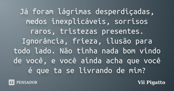 Já foram lágrimas desperdiçadas, medos inexplicáveis, sorrisos raros, tristezas presentes. Ignorância, frieza, ilusão para todo lado. Não tinha nada bom vindo d... Frase de Vii Pigatto.