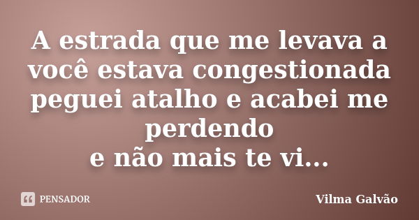 A estrada que me levava a você estava congestionada peguei atalho e acabei me perdendo e não mais te vi...... Frase de Vilma Galvão.