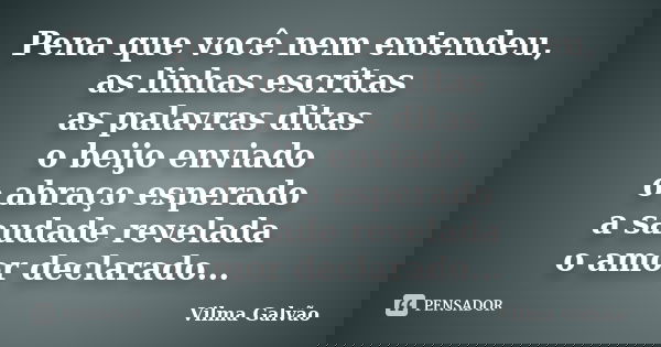 Pena que você nem entendeu, as linhas escritas as palavras ditas o beijo enviado o abraço esperado a saudade revelada o amor declarado...... Frase de Vilma Galvão.